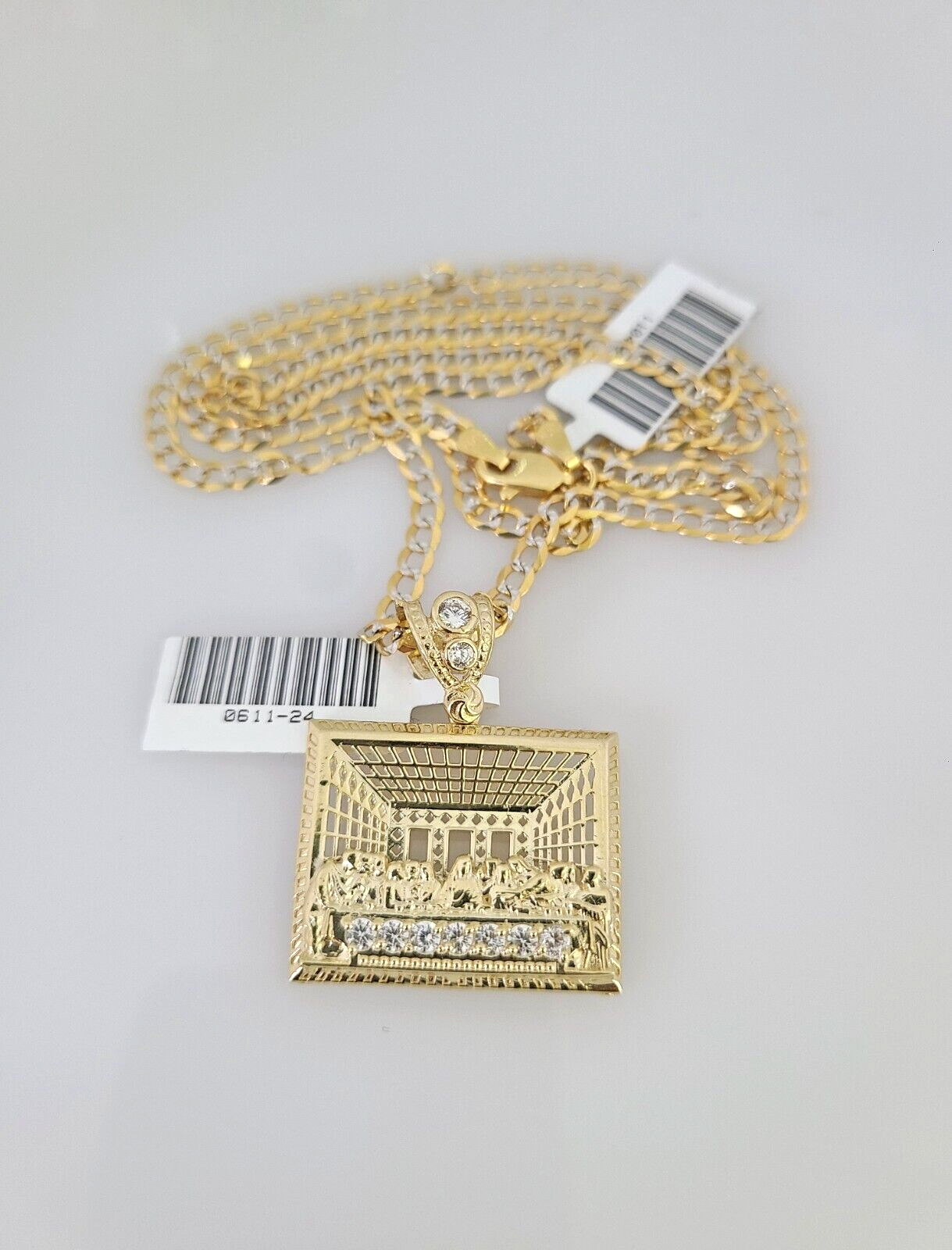 10k Gold Solid Cuban Curb Chain Last Supper Pendant Set 3mm 18"-26" Necklace