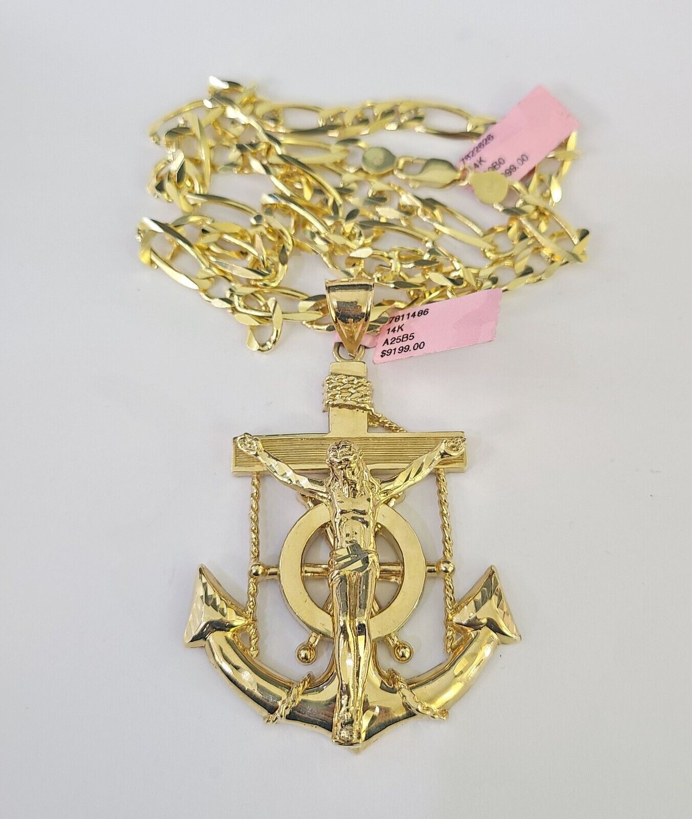 14k Solid Figaro Chain Jesus Anchor Pendant Gold 7mm 20-30 inch SET Necklace