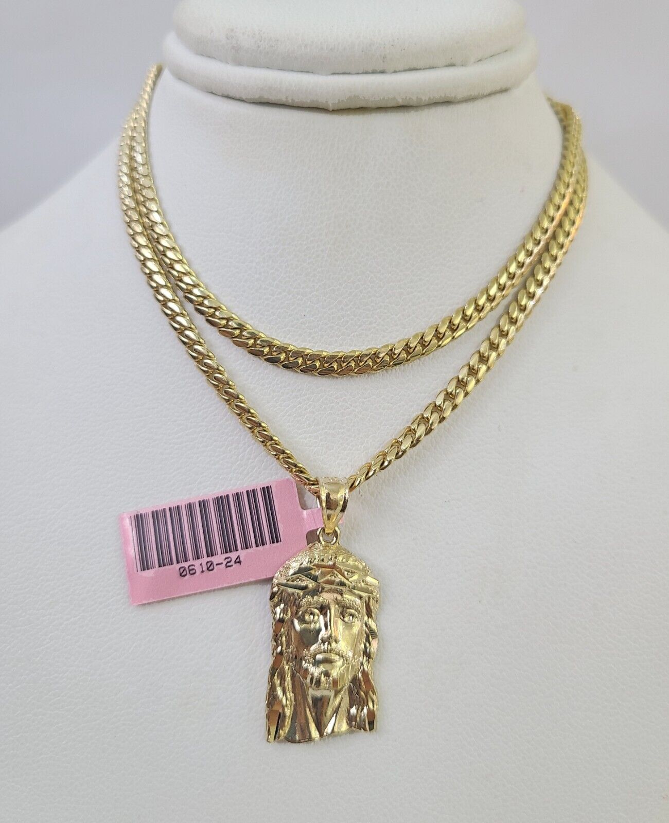 Real 14k Solid Chain Jesus Head Charm Set Miami Cuban 3mm Necklace Pendant