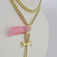 Real 14k Chain Cross Charm Set Miami Cuban Link 4mm Necklace Pendant Yellow Gold