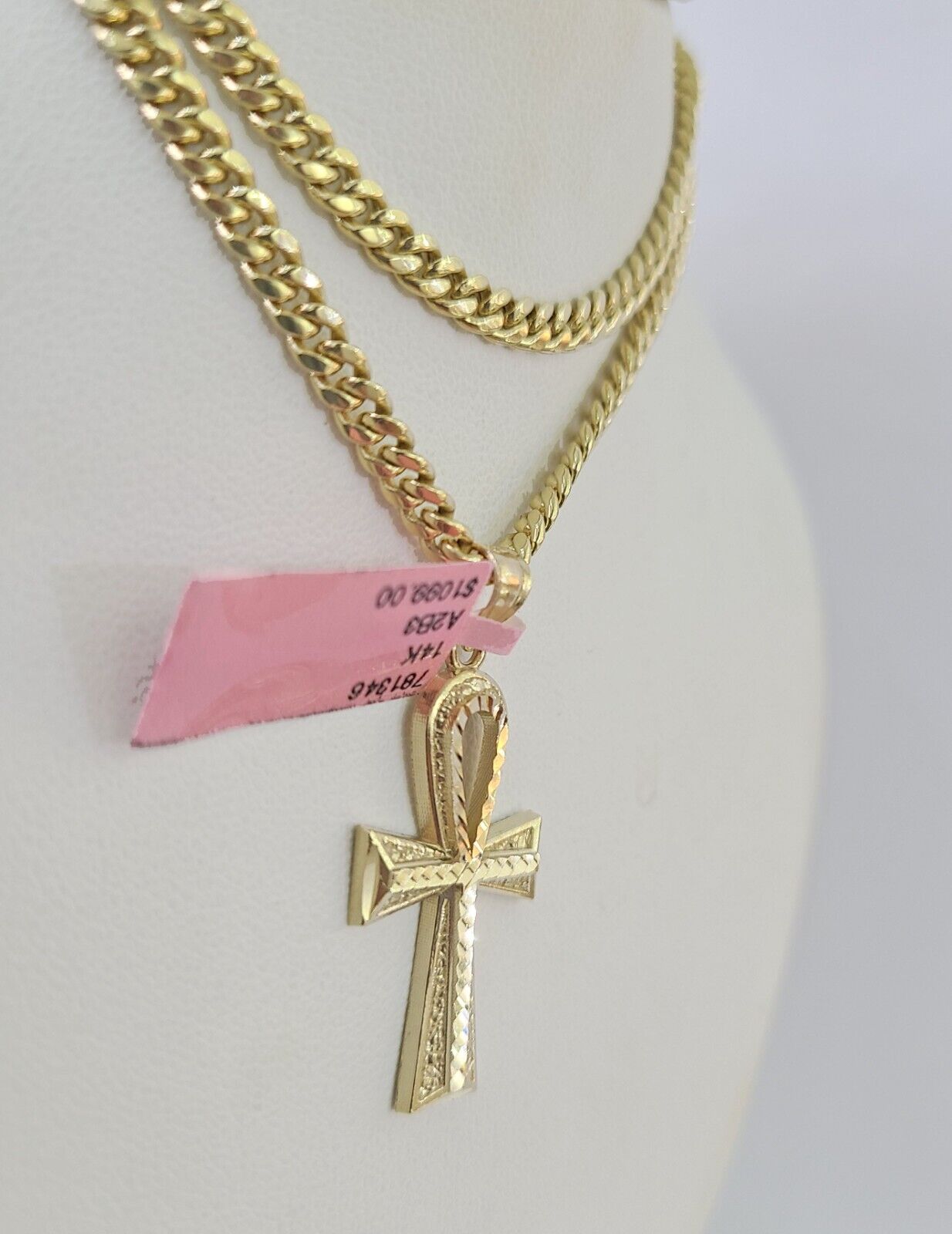 Real 14k Chain Cross Charm Set Miami Cuban Link 4mm Necklace Pendant Yellow Gold