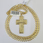 10k Gold Chain Last Supper Cross Charm Solid Cuban Curb 5mm 18"-28" Inch SET