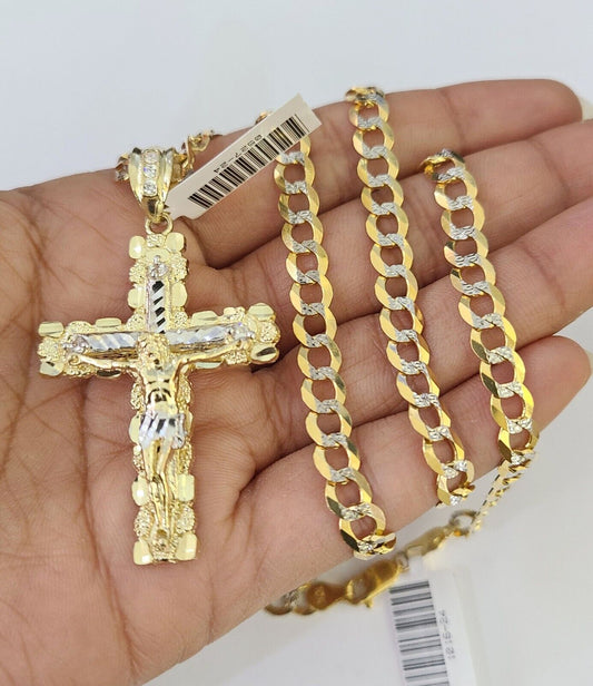 10k Solid Gold Cuban Curb Chain Jesus Cross Pendant 6mm 20"-30" SET Necklace