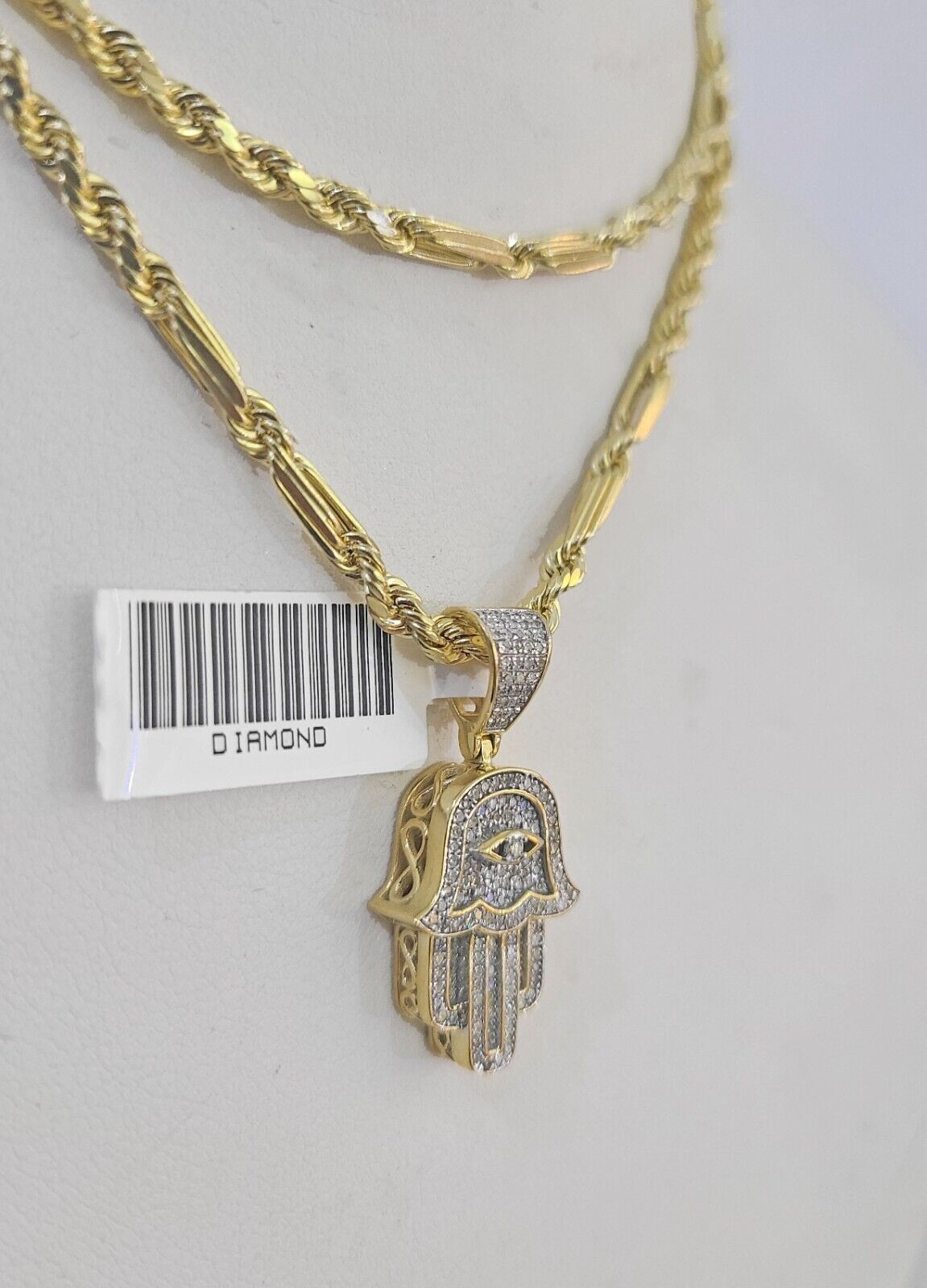 Real 10k Milano Rope Chain Diamond Hamsa Charm Necklace SET 3mm 18" 20" 22" 24"