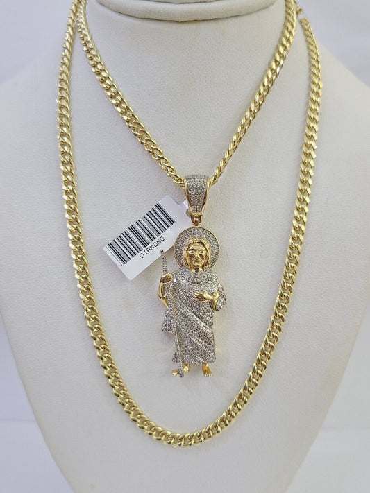 10k Miami Cuban Chain Saint Jude Charm Diamond Set 4.5mm 20"-28" Necklace Gold