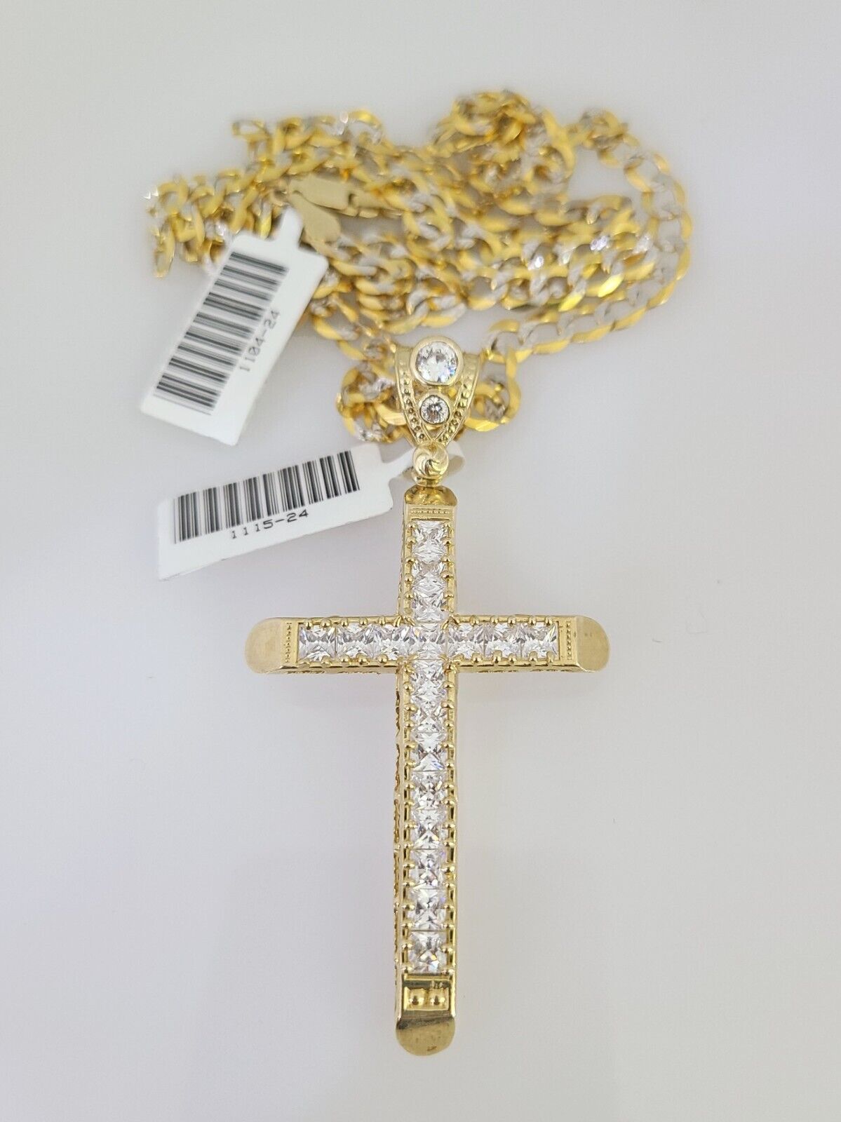 10k Gold Chain Jesus Cross Charm Solid Cuban Curb 5mm 18"-28" Inch SET