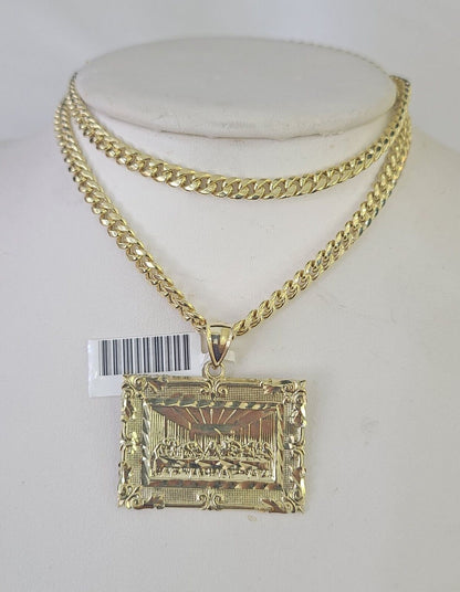 10k Last Supper Charm Miami Cuban Chain Pendant Set 5mm Necklace Yellow Gold