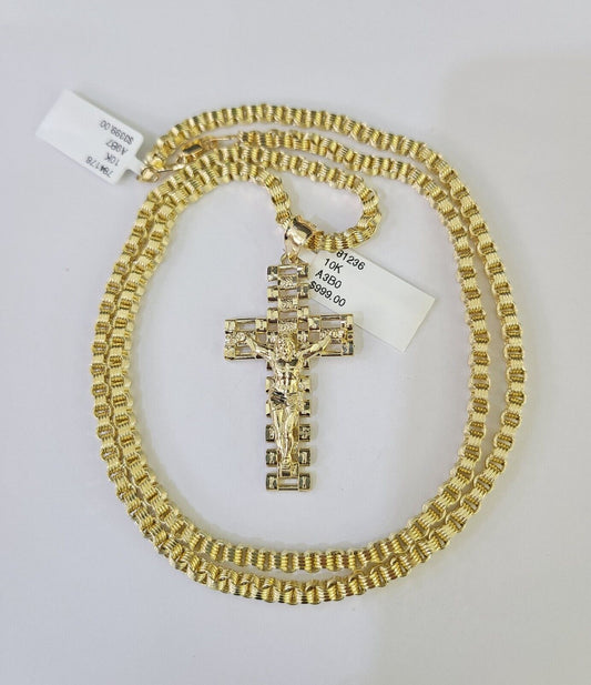 10k Gold Byzantine Necklace Jesus Cross Charm 18-28 inch 3mm SET Chain Pendant