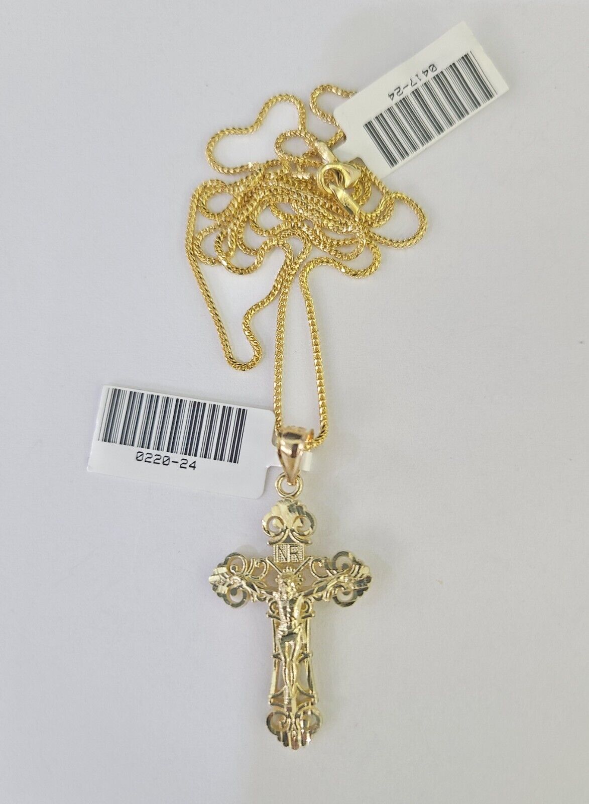 10K Solid Franco Chain INRI Jesus Cross Pendant Charm Necklace 18"-24" 1.5mm