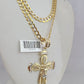 10k Gold Chain Jesus Crucifix Cross Charm Solid Cuban Curb 5mm 18"-28" Inch SET