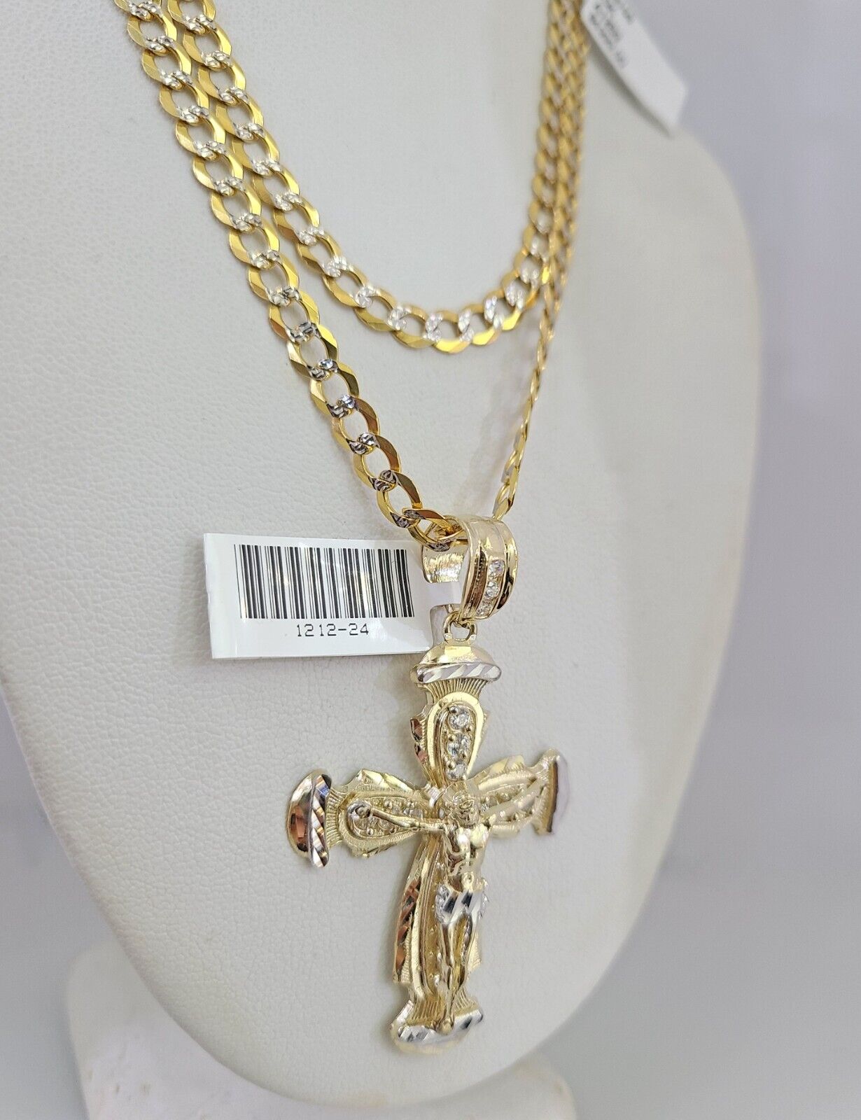 10k Gold Chain Jesus Crucifix Cross Charm Solid Cuban Curb 5mm 18"-28" Inch SET
