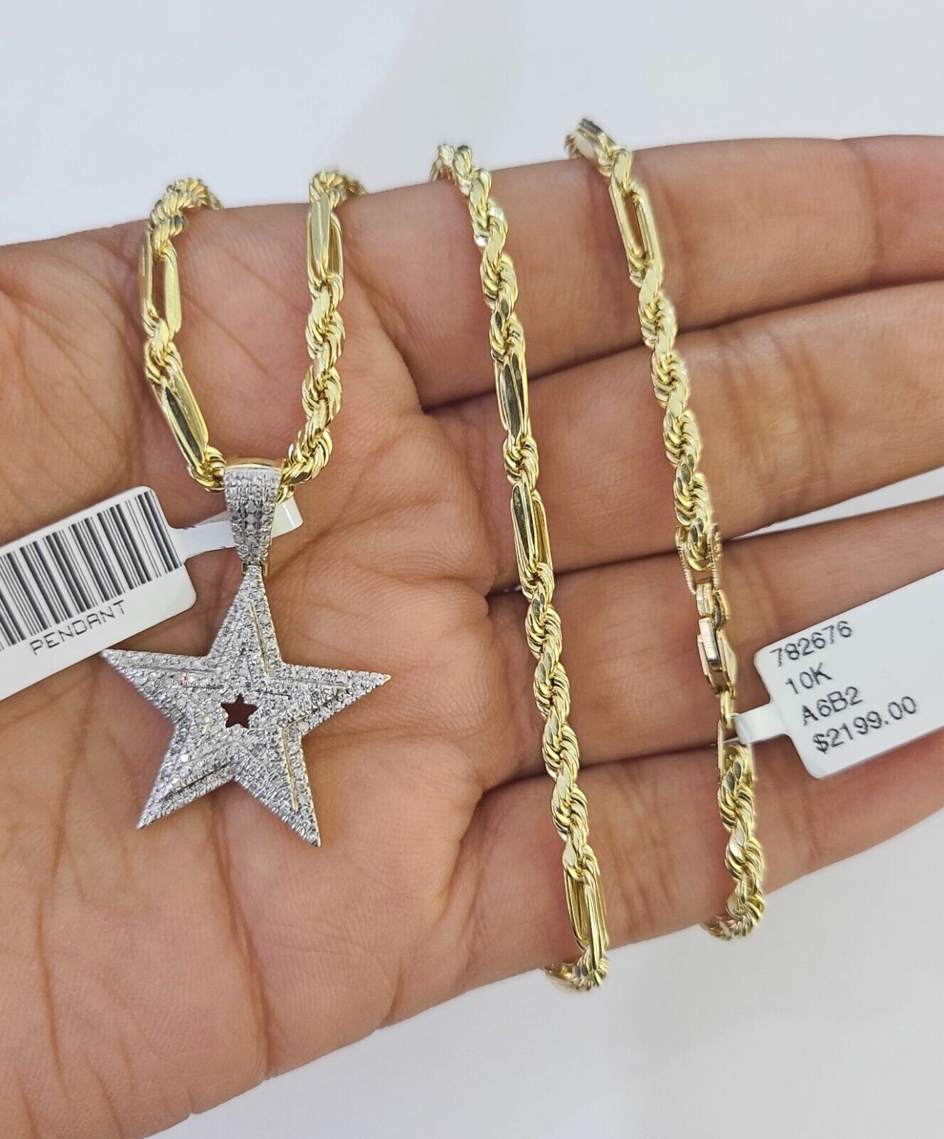 Real 10k Milano Rope Chain Diamond Star Charm Necklace SET 3mm 18" 20" 22" 24"