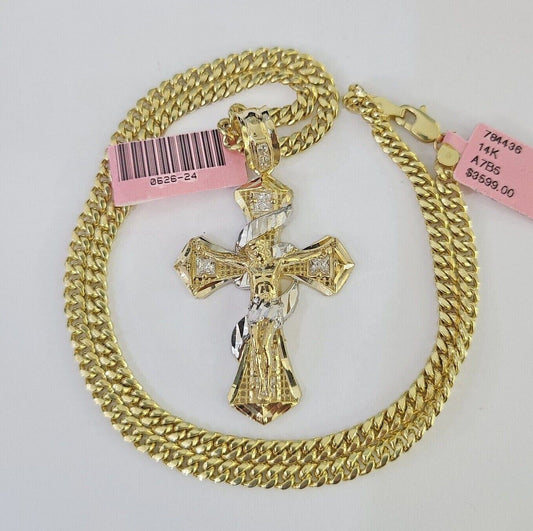 Real 14k Chain Cross Charm Set Miami Cuban Link 4mm Necklace Pendant Yellow Gold