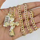 SET Solid 10k Gold Cuban Link Curb Chain Jesus Cross Pendant Two-tone 6mm 20"-30"Necklace