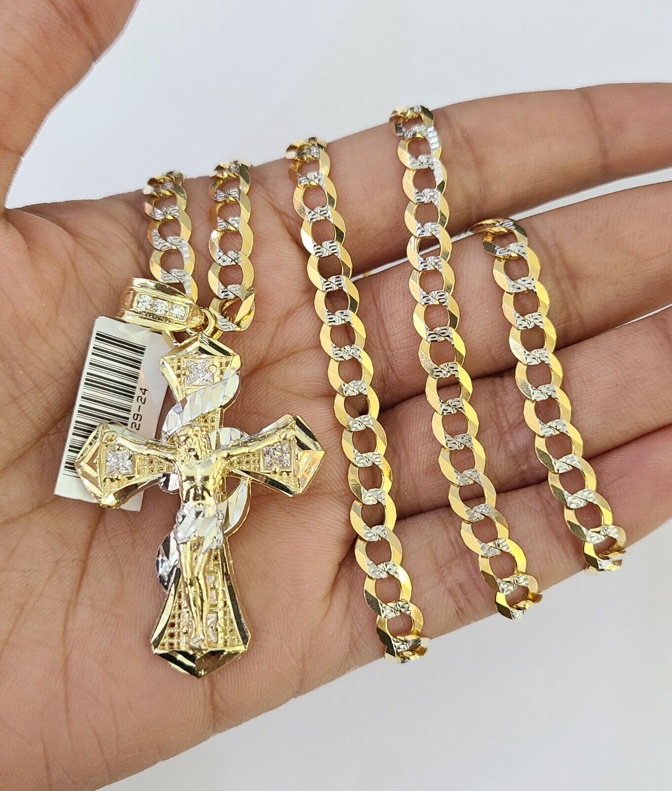 SET Solid 10k Gold Cuban Link Curb Chain Jesus Cross Pendant Two-tone 6mm 20"-30"Necklace