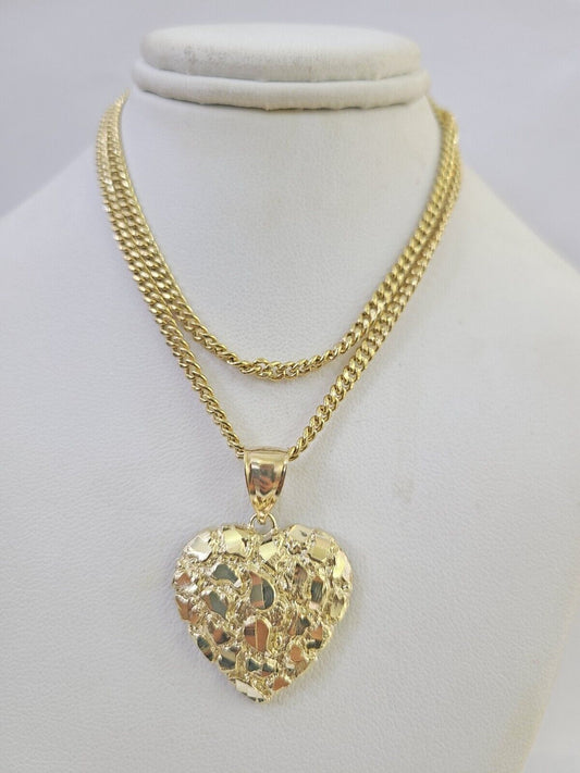 10K Gold Miami Cuban Chain Nugget Heart Charm 18"-24" 3mm REAL Pendant Ladies