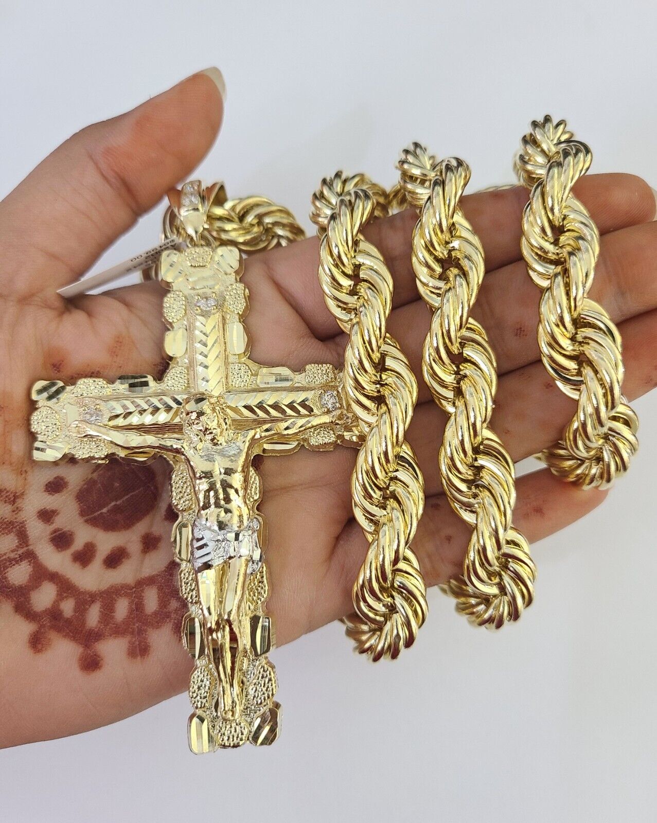 Real 10k Rope Chain Jesus Cross Charm Set 12mm 20"-30" Inch Necklace Yellow Gold