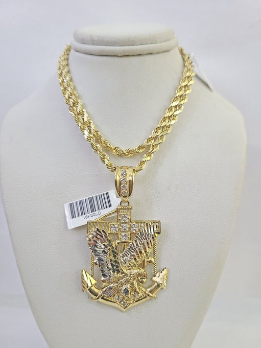 10k Solid Rope Chain Eagle Anchor Charm Set 4mm 18"-30" Necklace Gold Pendant