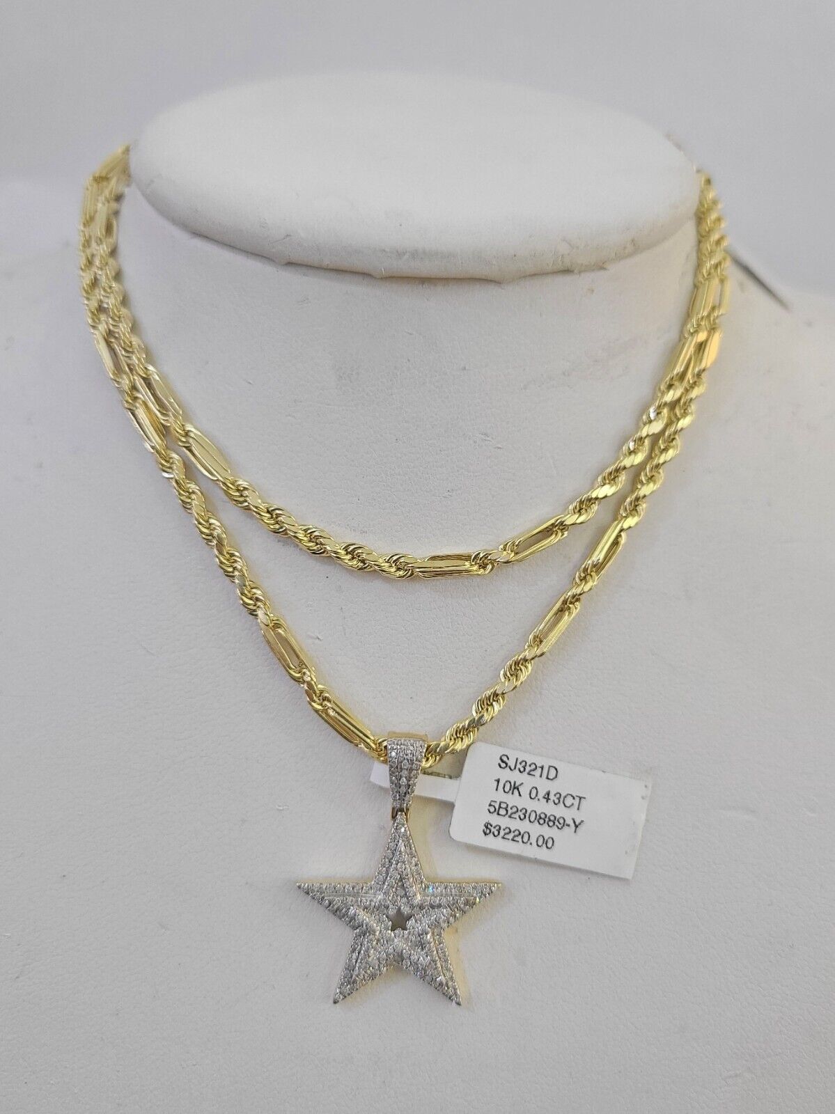 Real 10k Milano Rope Chain Diamond Star Charm Necklace SET 3mm 18" 20" 22" 24"