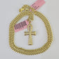 Real 14k Chain Cross Charm Set Miami Cuban Link 4mm Necklace Pendant Yellow Gold