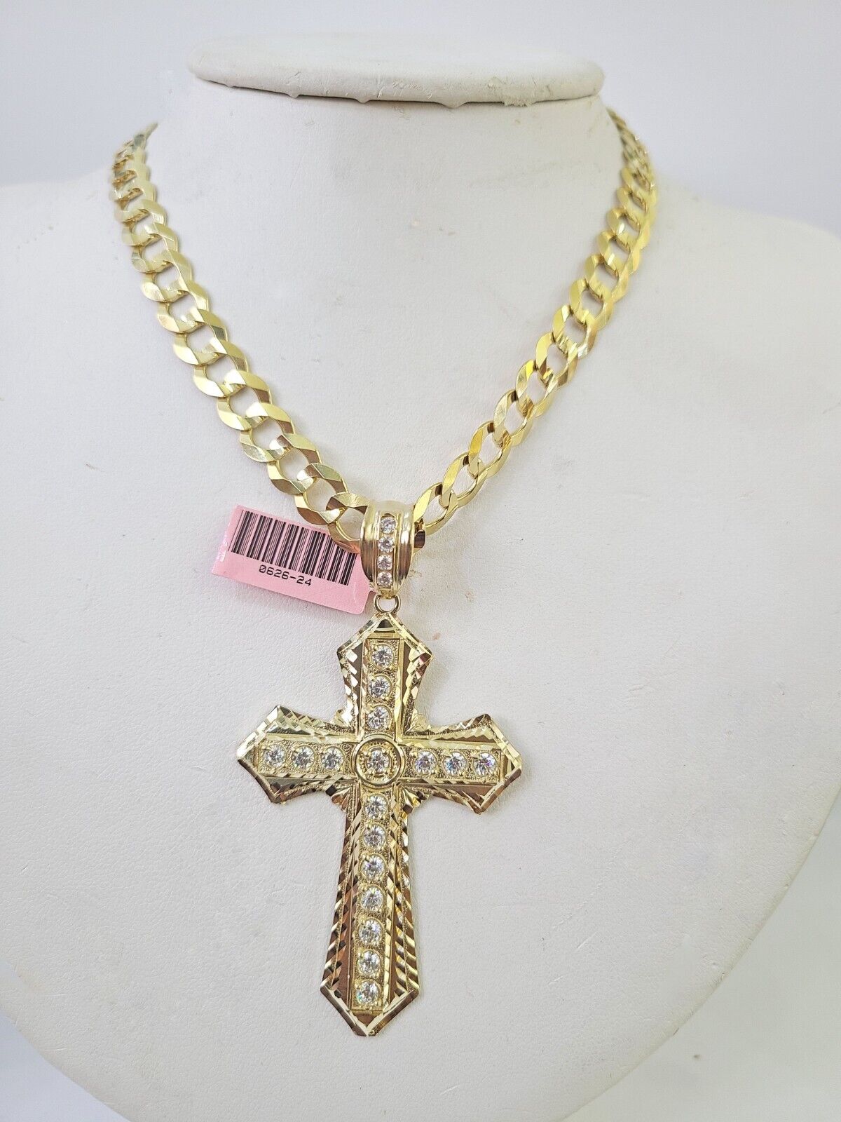 14k Solid Cuban Curb Link Chain Jesus Cross Charm Pendant 8mm 22inch YellowGold