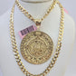 14k Gold Chain Mayan Calendar Charm Solid Cuban Curb 5mm 20"-28" SET Necklace