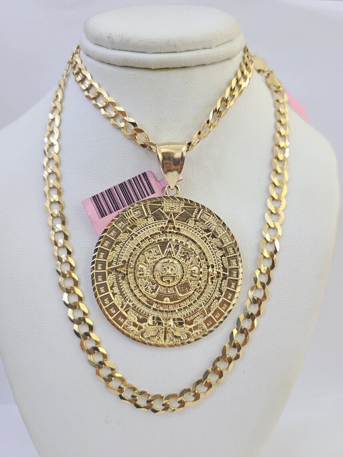 14k Gold Chain Mayan Calendar Charm Solid Cuban Curb 5mm 20"-28" SET Necklace