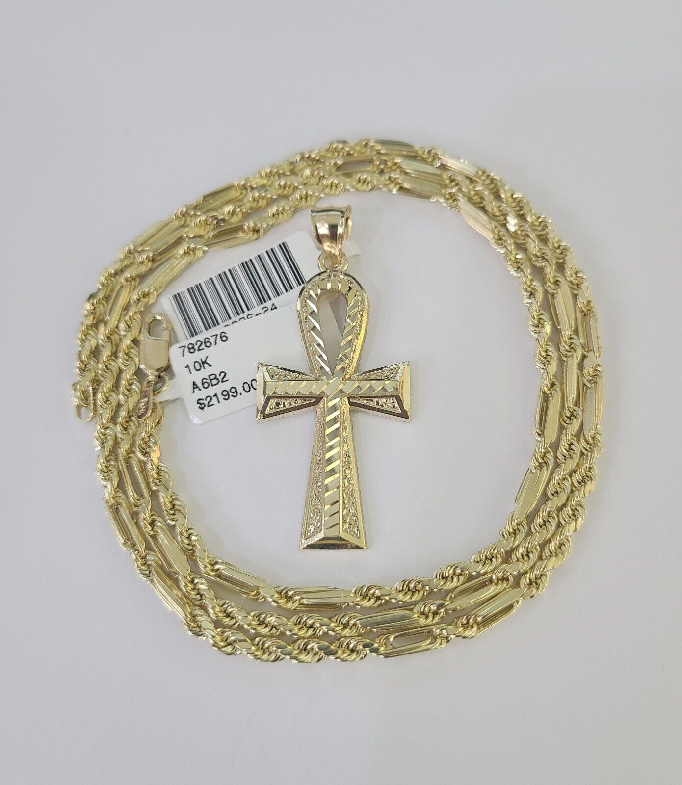 10k Milano Rope Chain Ankh Jesus Cross Charm Necklace SET 3mm 18" 20" 22" 24"