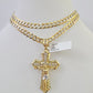 10k Gold Chain Cuban Curb Link Jesus Cross Pendant 6mm 20"-30" SET Necklace Solid Two-tone