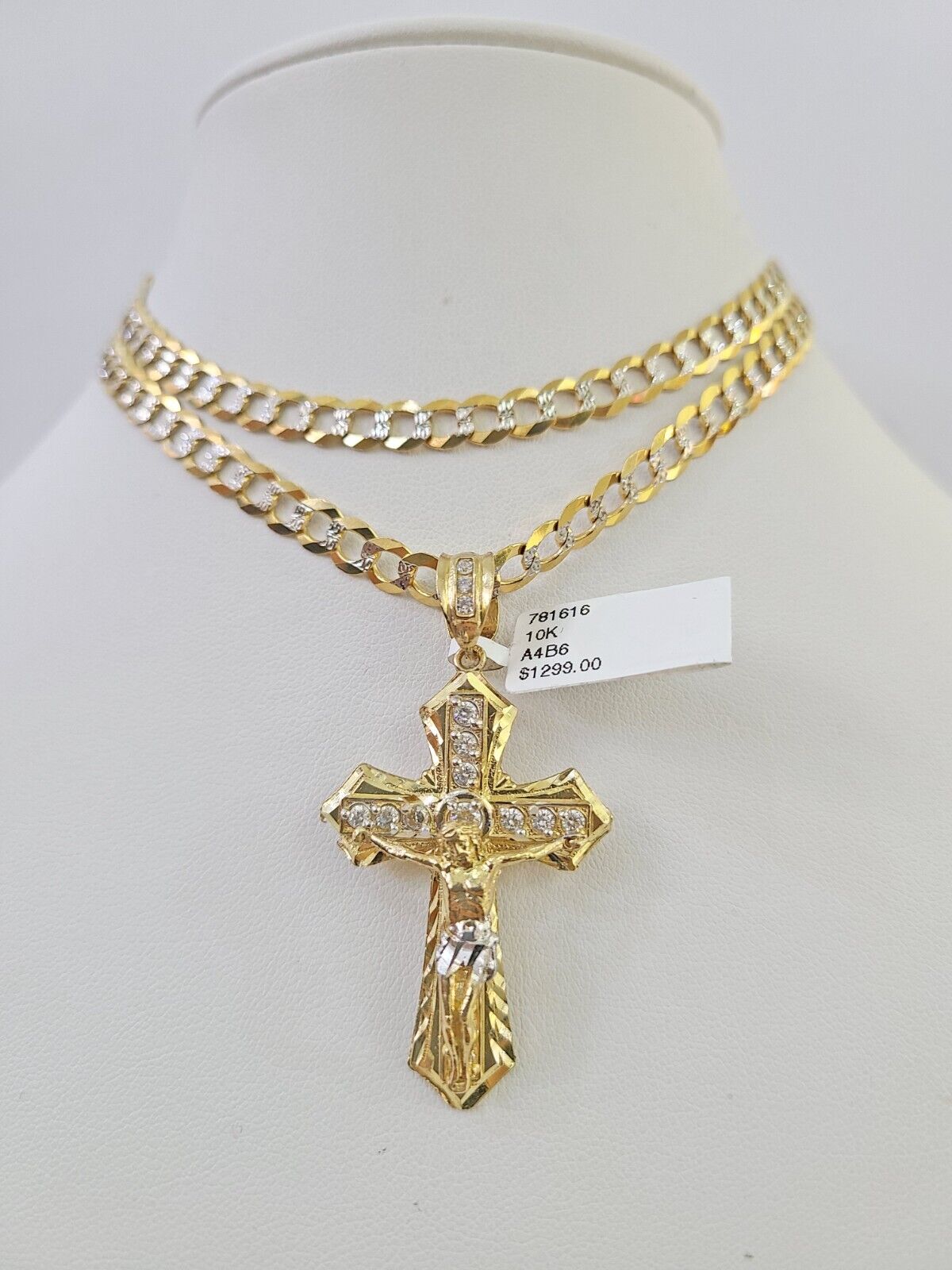 10k Gold Chain Cuban Curb Link Jesus Cross Pendant 6mm 20"-30" SET Necklace Solid Two-tone