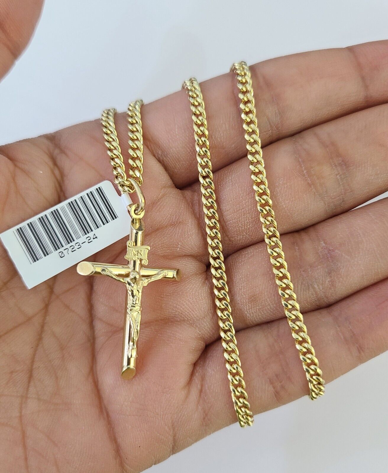 10K Gold Miami Cuban Chain INRI Jesus Cross 18"-28" 3mm Pendant Necklace SET