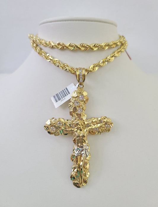 Real 14k Solid Rope Chain Jesus Cross Charm Set 6mm 18"-30" Necklace Gold