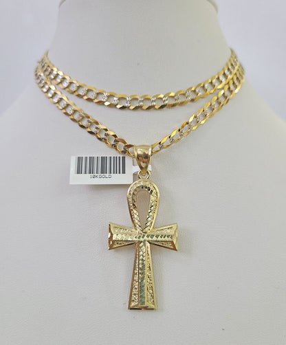 Solid 10k Gold Cuban Curb Link Chain Ankh Cross Pendant 6mm 20"-30" SET Necklace