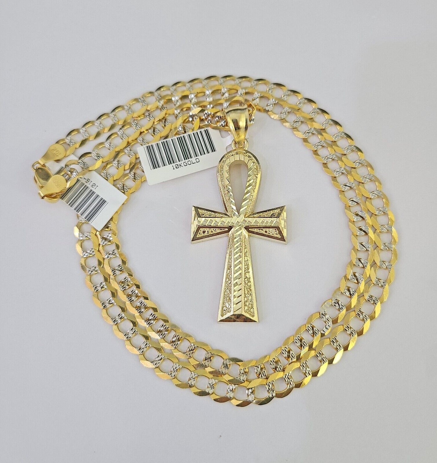 Solid 10k Gold Cuban Curb Link Chain Ankh Cross Pendant 6mm 20"-30" SET Necklace