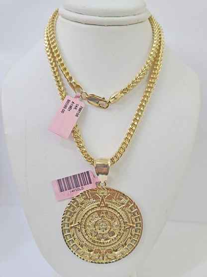 Real 14k Gold Franco Necklace Chain Mayan Calendar Charm 18"-26" SET For Mens