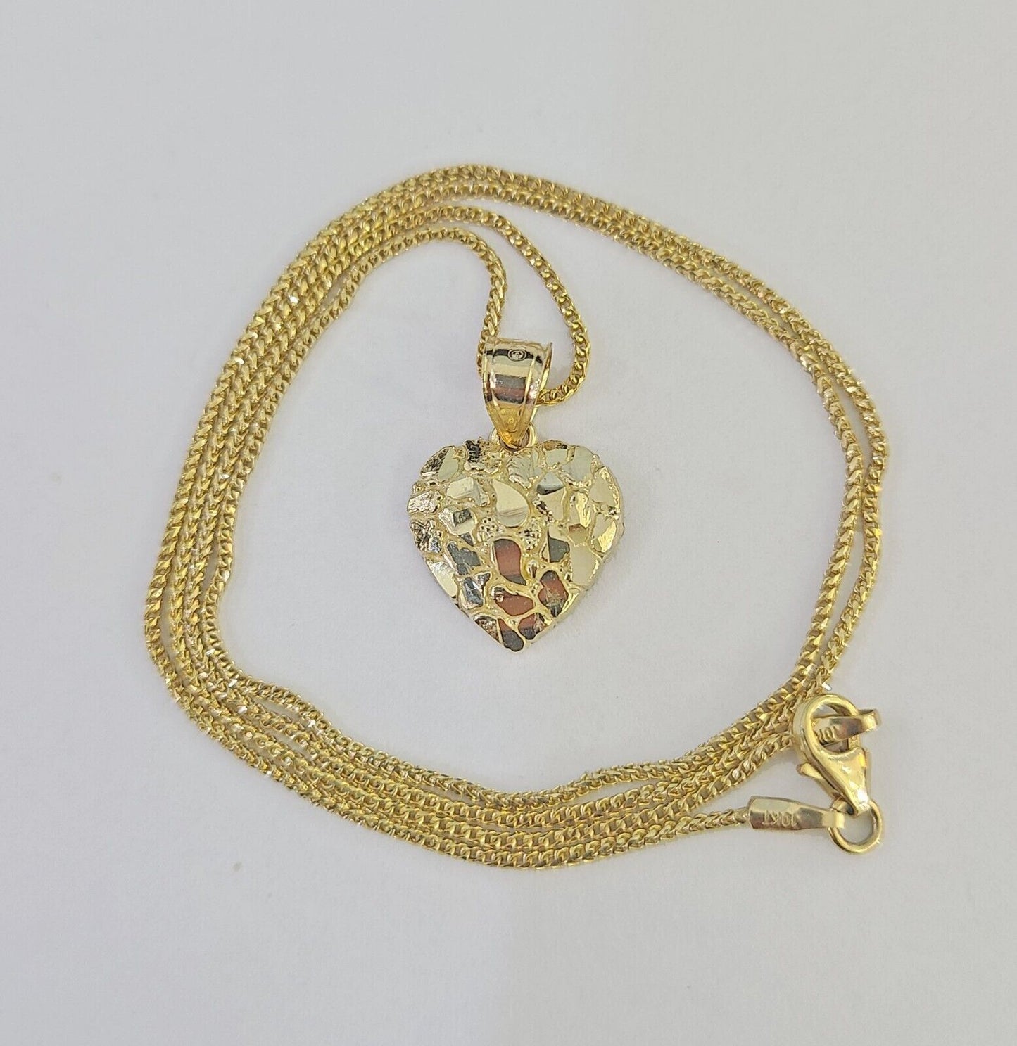 10K Solid Franco Chain Nugget Heart Pendant Charm Necklace 18"-24" 1mm Gold