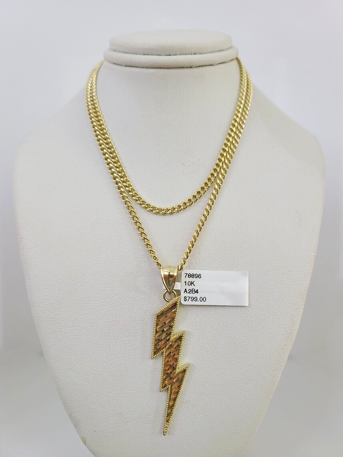 10k Gold Miami Cuban Chain Lightning Charm Pendant 3mm 18-28in Necklace Set