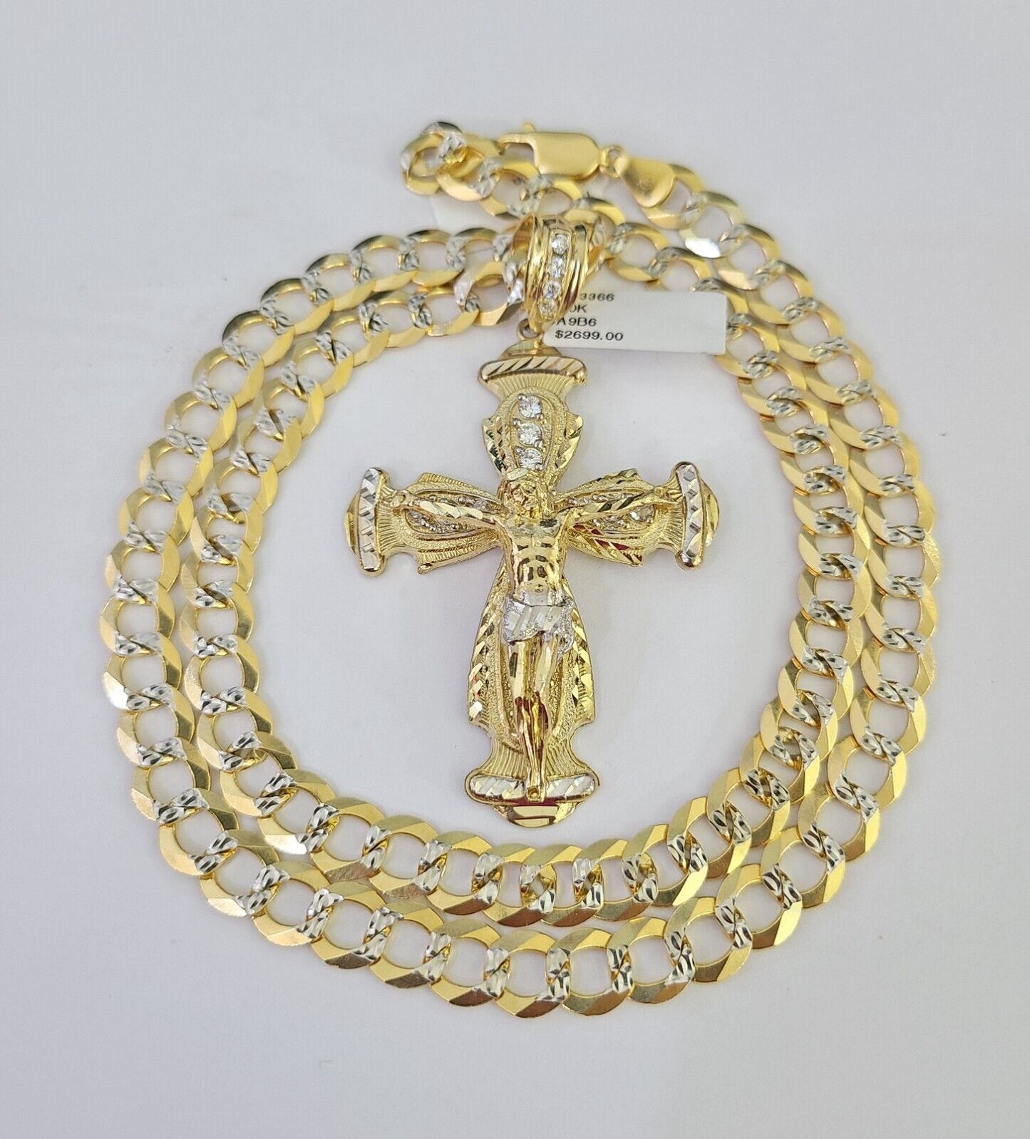 10k Gold Chain Cross Charm Solid Cuban Curb Necklace 9mm 20"-30" Diamond Cut SET