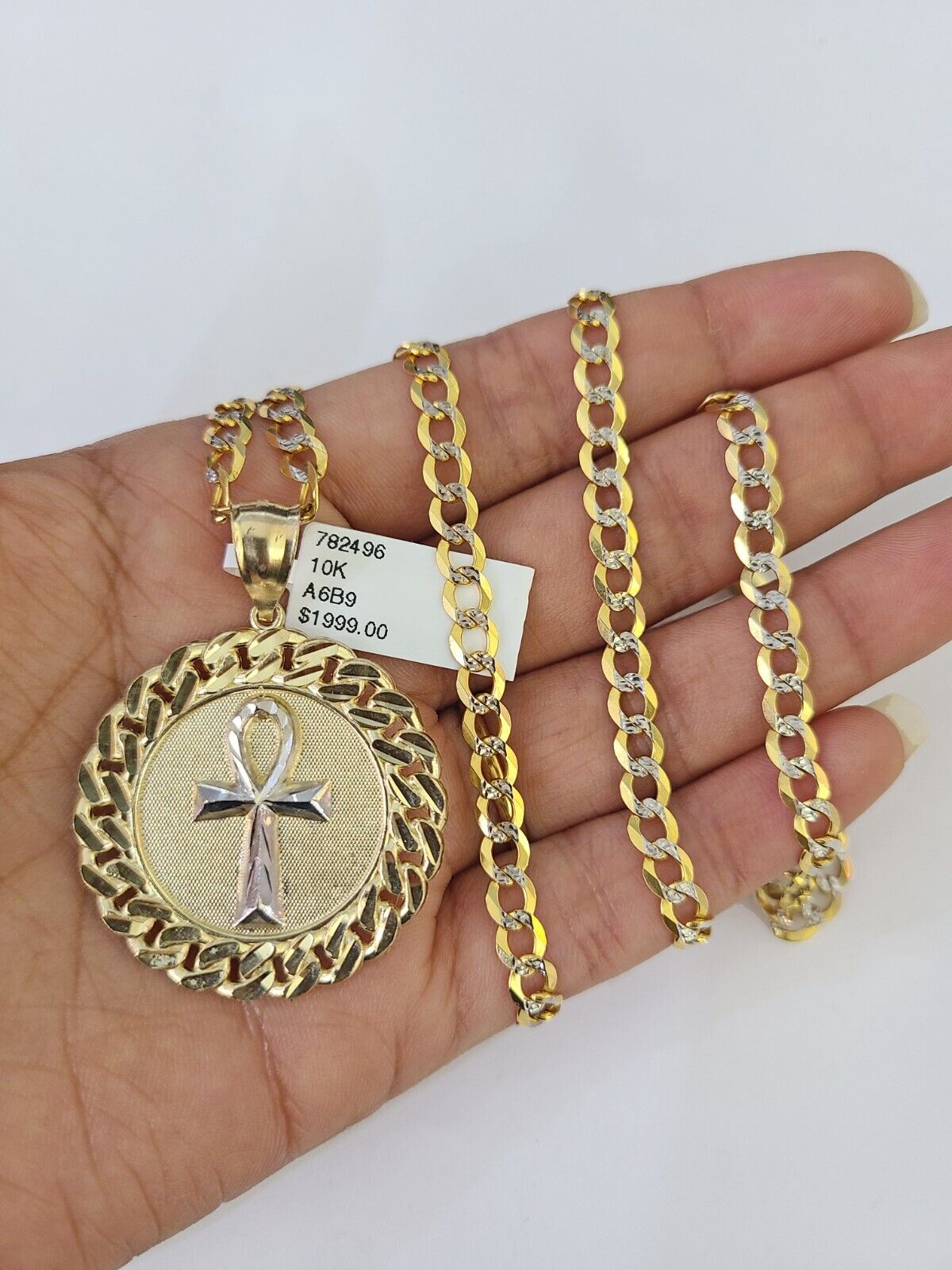 10k Gold Chain Medallion Ankh Charm Solid Cuban Curb Link 5mm 18"-28" Inch SET