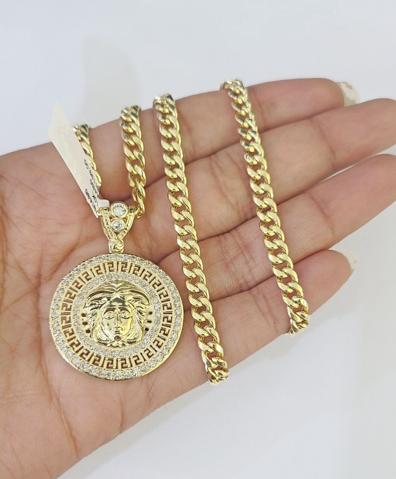 10k Yellow Gold Chain Head Charm Pendant Set 5mm Miami Cuban Link Necklace Real