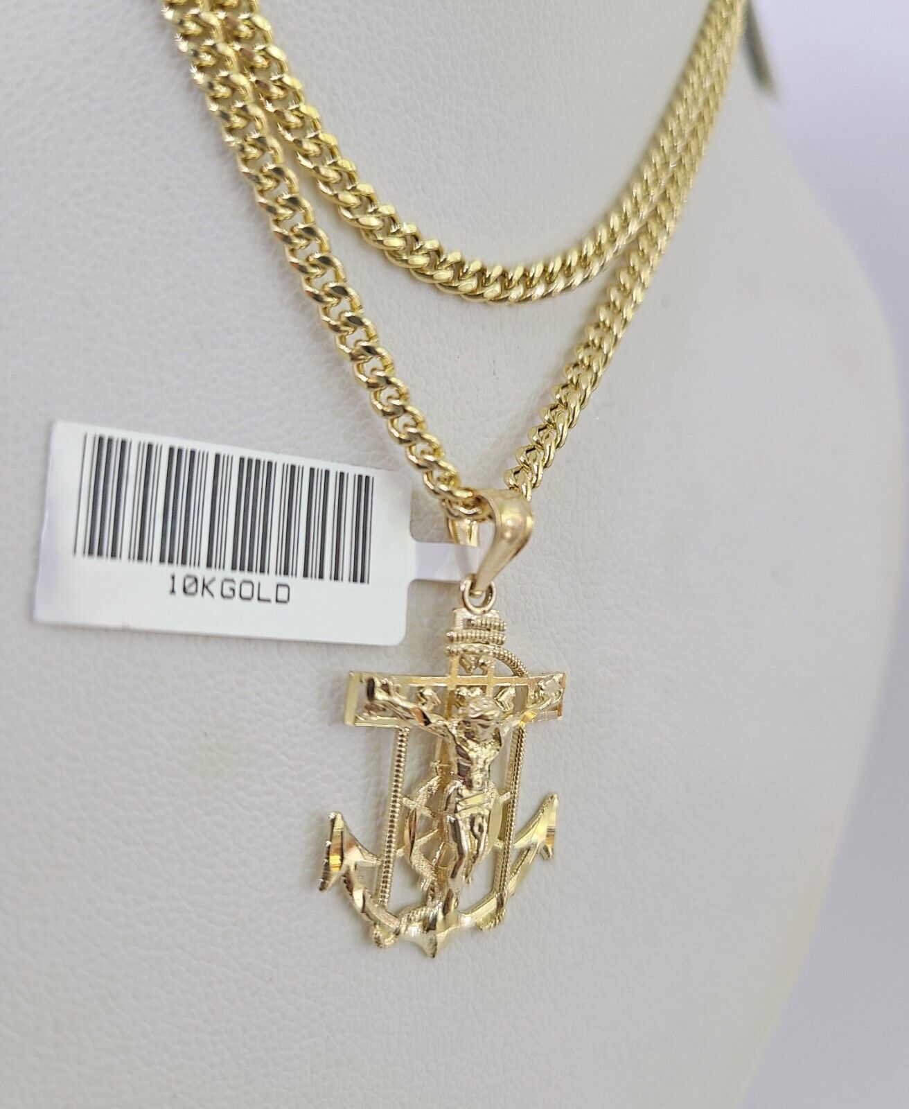 10K Gold Miami Cuban Chain Jesus Anchor Charm 18"-28" 3mm REAL Pendant Necklace