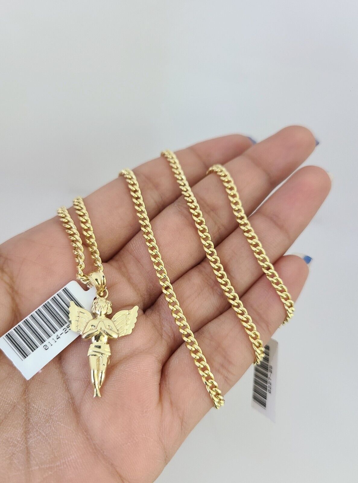 10k Gold Miami Cuban Chain Praying Angel Charm Pendant 3mm 18-28in Necklace Set