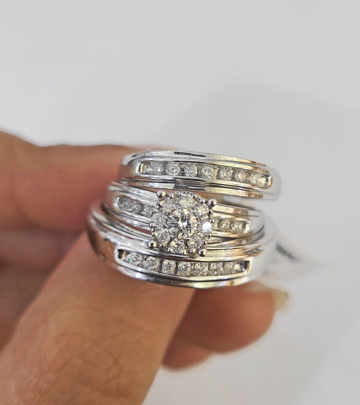 REAL 14k Diamond Ring White Gold Ladies Men Trio SET Wedding Engagement Genuine