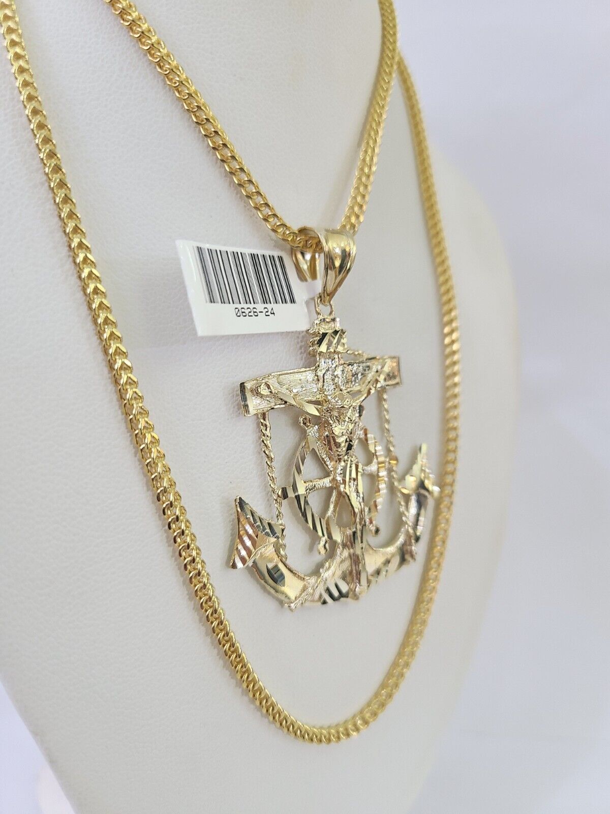 10K Franco Chain Jesus Anchor Pendant Charm Necklace 20"-26" 2.5mm Yellow Gold