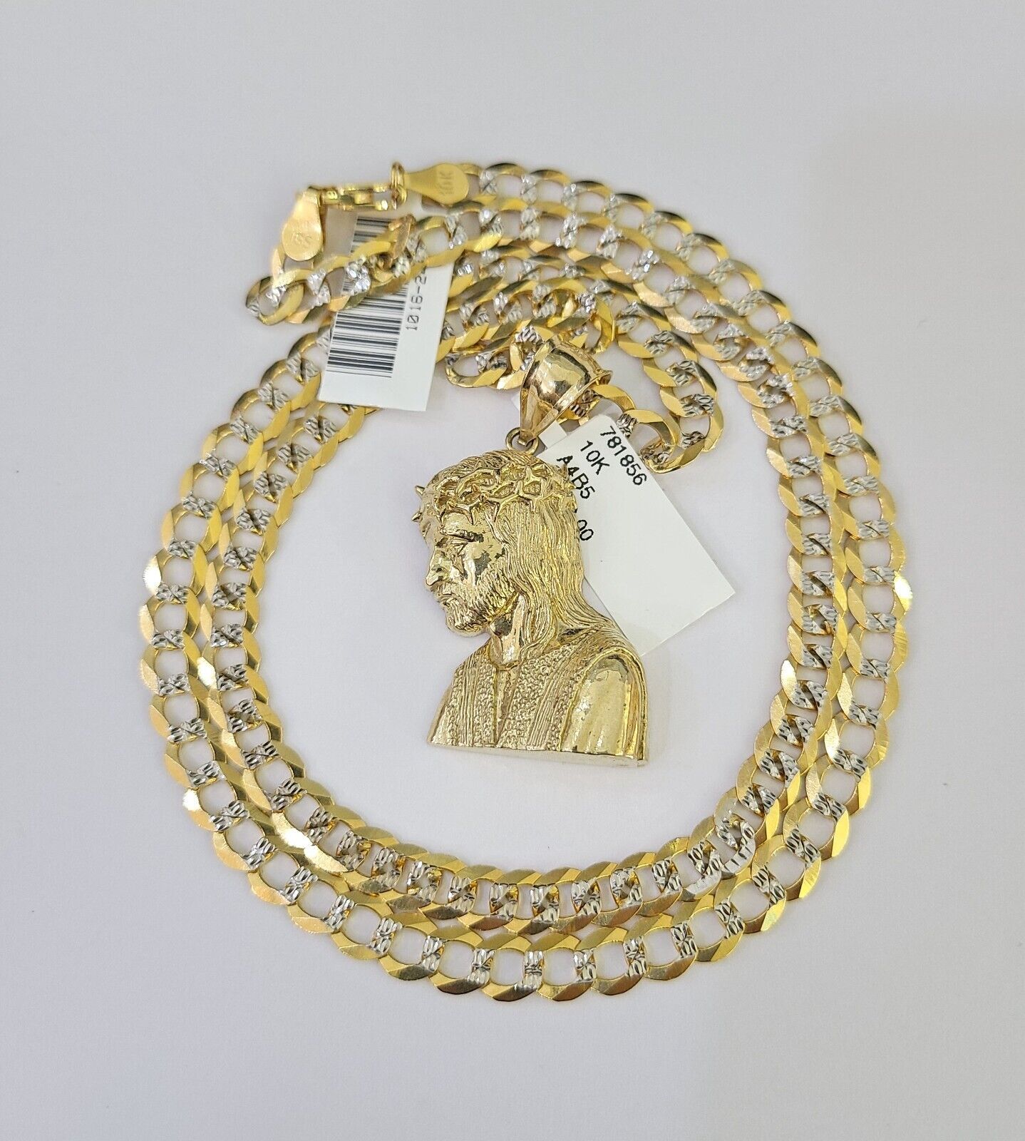 Solid 10k Gold Cuban Curb Link Chain Jesus Head Pendant 6mm 20-30" SET Necklace Two-tome