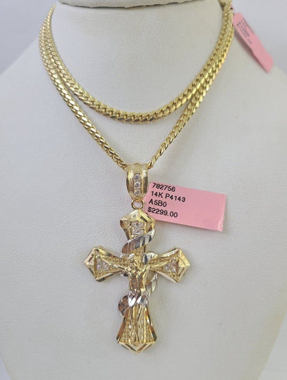 Real 14k Solid Chain Cross Charm Set Miami Cuban Link 3mm Necklace Pendant Gold