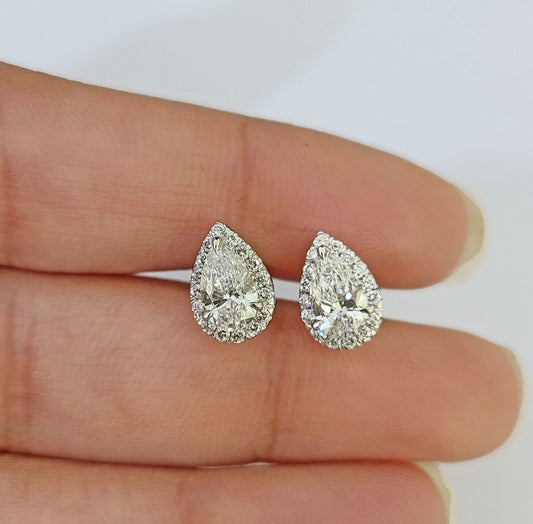 14k White gold Pear Earrings Diamond screw-back Lab Created Women Men Studs