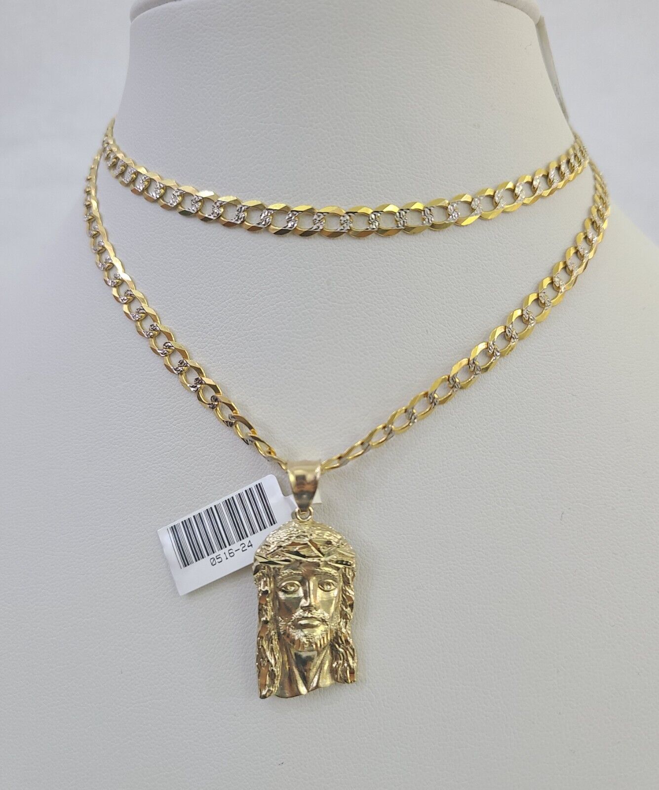 10k Gold Chain Jesus Head Charm Solid Cuban Curb Link 5mm 18"-28" Inch SET