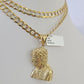 Solid 10k Gold Cuban Curb Link Chain Jesus Head Pendant 6mm 20-30" SET Necklace Two-tome