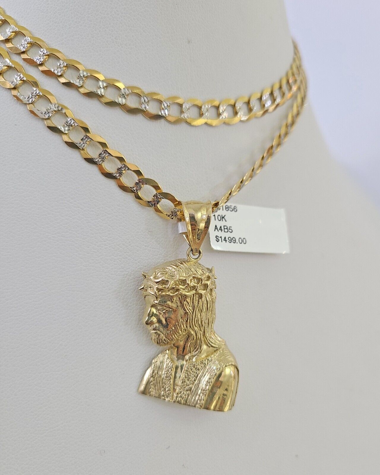 Solid 10k Gold Cuban Curb Link Chain Jesus Head Pendant 6mm 20-30" SET Necklace Two-tome